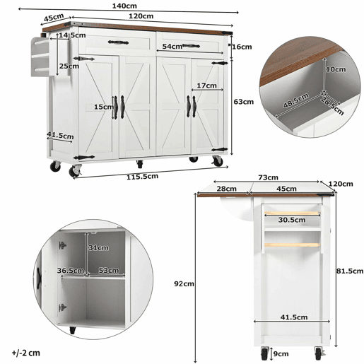 Ilha de cozinha - Carrinho de serviço com superfície extensível - Madeira de grão de madeira - Branco