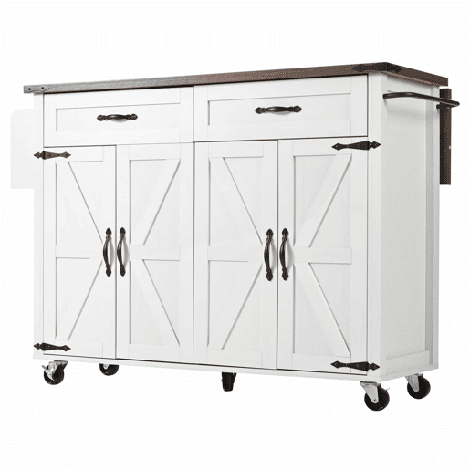 Ilha de cozinha - Carrinho de serviço com superfície extensível - Madeira de grão de madeira - Branco