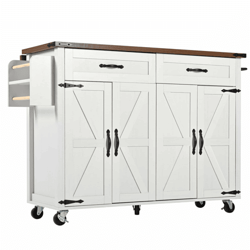 Ilha de cozinha - Carrinho de serviço com superfície extensível - Madeira de grão de madeira - Branco