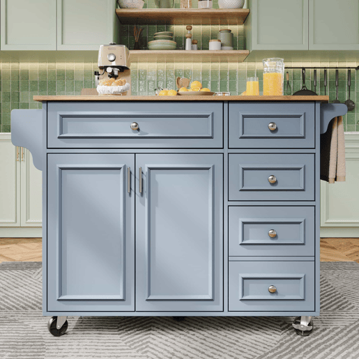 Ilha de cozinha 110x45-75x92 cm - Cozinha moderna, com prateleira removível e padrão vintage - Azul