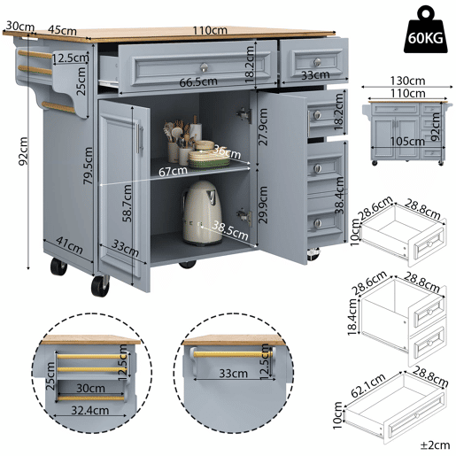 Ilha de cozinha 110x45-75x92 cm - Cozinha moderna, com prateleira removível e padrão vintage - Azul