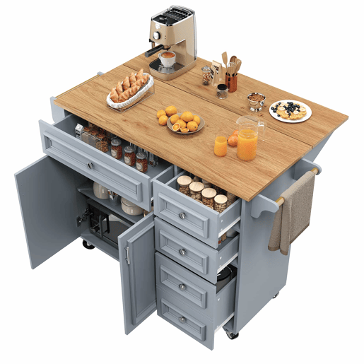 Ilha de cozinha 110x45-75x92 cm - Cozinha moderna, com prateleira removível e padrão vintage - Azul