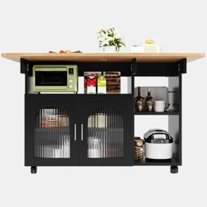 Ilha de cozinha - Moderna, com móveis de cozinha e carrinho extraível - Preto+Natural