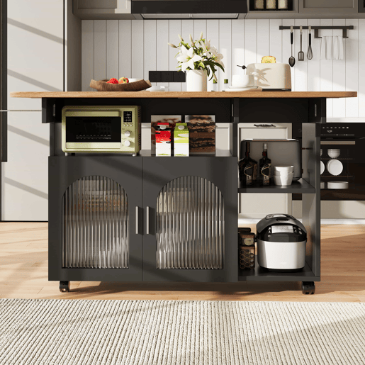 Ilha de cozinha - Moderna, com móveis de cozinha e carrinho extraível - Preto+Natural