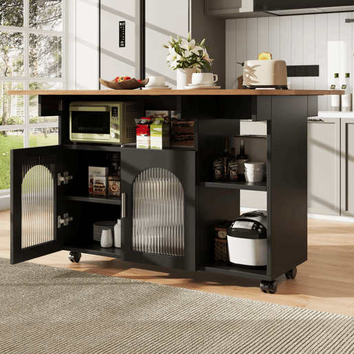 Ilha de cozinha - Moderna, com móveis de cozinha e carrinho extraível - Preto+Natural