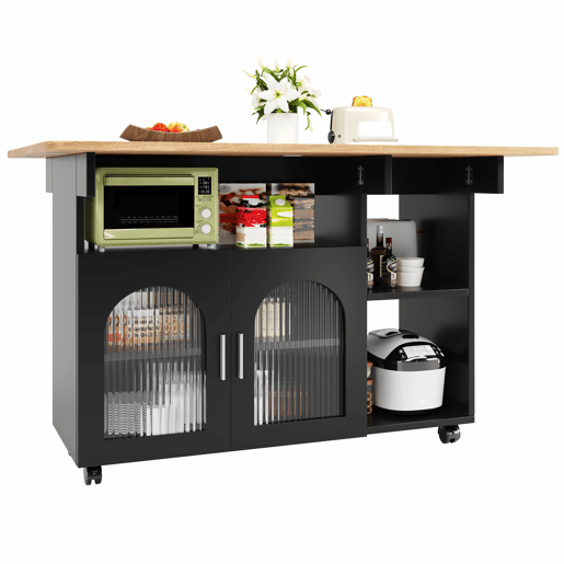 Ilha de cozinha - Moderna, com móveis de cozinha e carrinho extraível - Preto+Natural