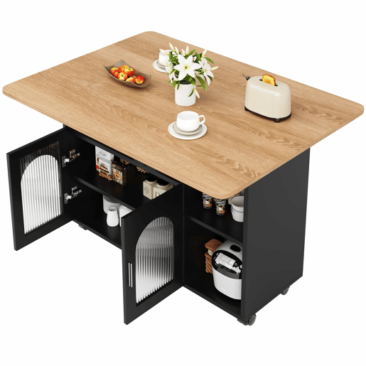 Ilha de cozinha - Moderna, com móveis de cozinha e carrinho extraível - Preto+Natural