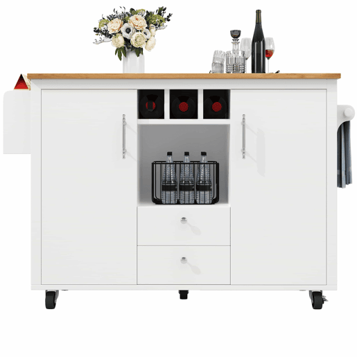 Ilha de cozinha 120x73x92 cm - Buffetschrank, cozinha com bancada dobrável, prateleira para toalhas, prateleira para especiarias, prateleira para vinho e prateleiras ajustáveis - branco