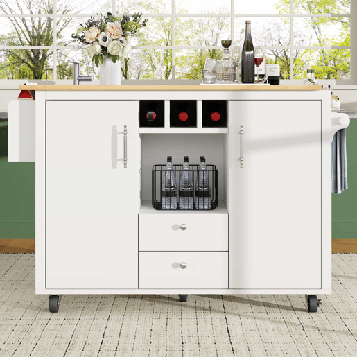 Ilha de cozinha 120x73x92 cm - Buffetschrank, cozinha com bancada dobrável, prateleira para toalhas, prateleira para especiarias, prateleira para vinho e prateleiras ajustáveis - branco