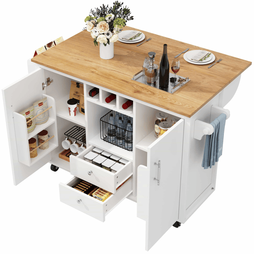 Ilha de cozinha 120x73x92 cm - Buffetschrank, cozinha com bancada dobrável, prateleira para toalhas, prateleira para especiarias, prateleira para vinho e prateleiras ajustáveis - branco