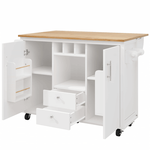 Ilha de cozinha 120x73x92 cm - Buffetschrank, cozinha com bancada dobrável, prateleira para toalhas, prateleira para especiarias, prateleira para vinho e prateleiras ajustáveis - branco