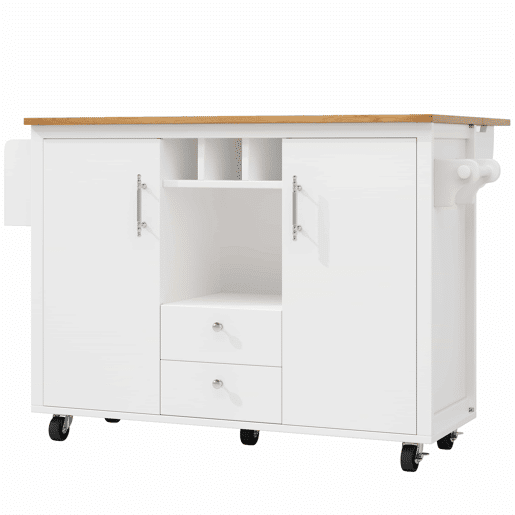 Ilha de cozinha 120x73x92 cm - Buffetschrank, cozinha com bancada dobrável, prateleira para toalhas, prateleira para especiarias, prateleira para vinho e prateleiras ajustáveis - branco