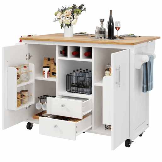 Ilha de cozinha 120x73x92 cm - Buffetschrank, cozinha com bancada dobrável, prateleira para toalhas, prateleira para especiarias, prateleira para vinho e prateleiras ajustáveis - branco