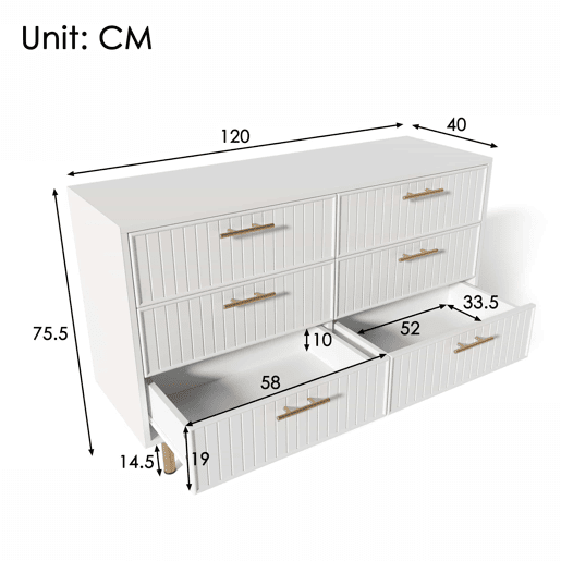 Cômoda 120x40x75 cm - 6 gavetas, design moderno, branco