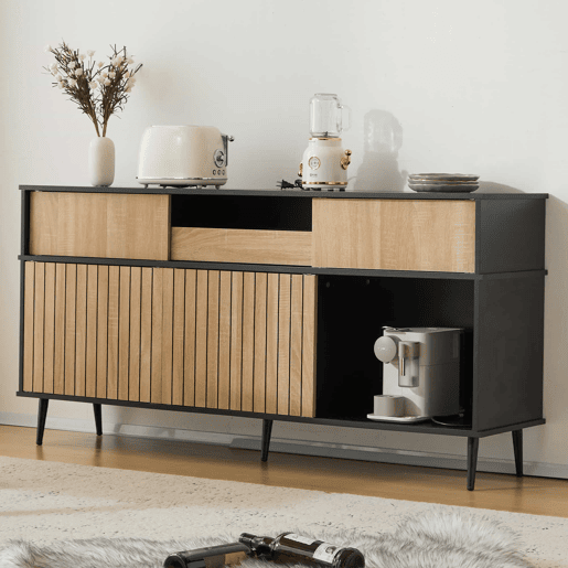 Cômoda 160x40x80 cm - 4 portas de correr, 1 gaveta, combinação de carvalho e preto - Preto+Natural