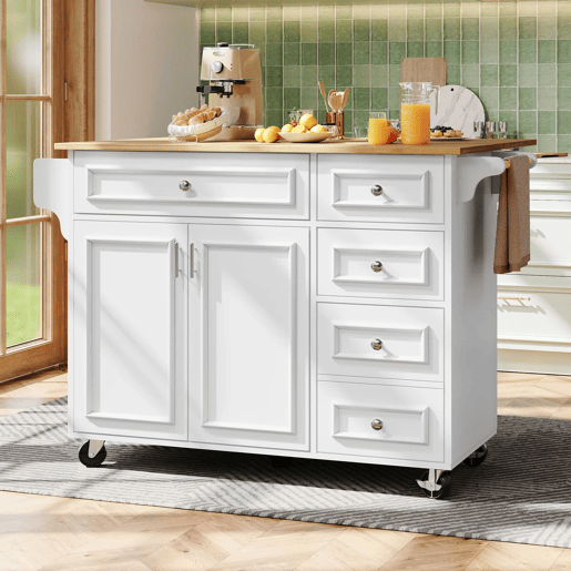 Ilha de cozinha 110x45-75x92 cm - Moderna, com armário de cozinha, carrinho de serviço removível, com design vintage, mesa multifuncional com arrumação - Branco