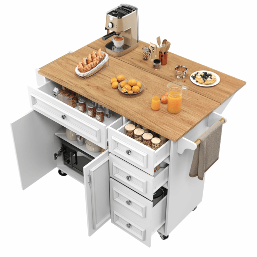 Ilha de cozinha 110x45-75x92 cm - Moderna, com armário de cozinha, carrinho de serviço removível, com design vintage, mesa multifuncional com arrumação - Branco