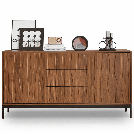 Aparador 150 cm - 3 gavetas, grande armário decorativo, design Mid Century Modern - Madeira escura