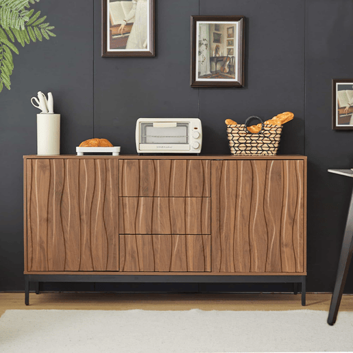 Aparador 150 cm - 3 gavetas, grande armário decorativo, design Mid Century Modern - Madeira escura