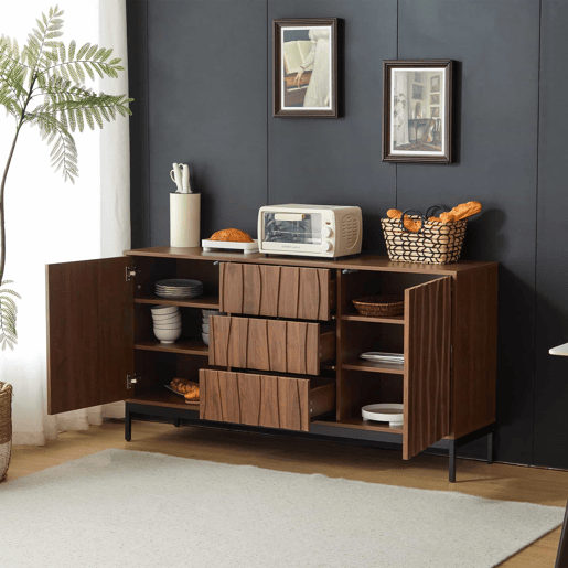 Aparador 150 cm - 3 gavetas, grande armário decorativo, design Mid Century Modern - Madeira escura