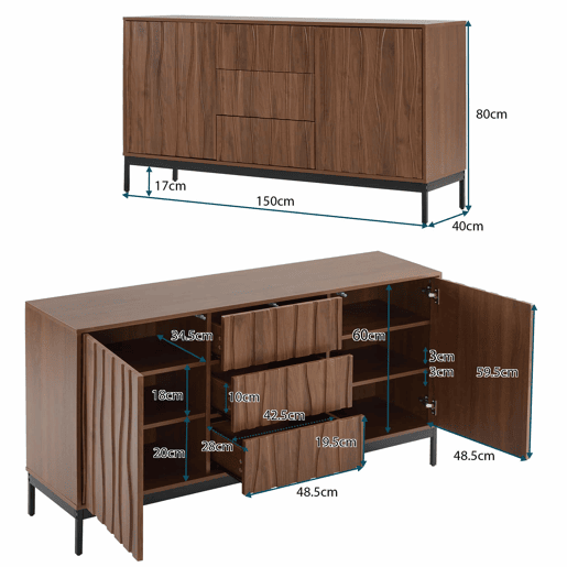 Aparador 150 cm - 3 gavetas, grande armário decorativo, design Mid Century Modern - Madeira escura