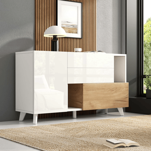 Aparador moderno 150 cm - Aparador com arrumação - Branco brilhante