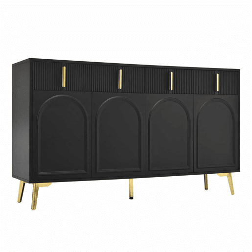 Aparador moderno - 2 portas de vidro com 4 gavetas e prateleiras reguláveis - Preto