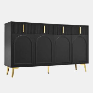 Aparador moderno - 2 portas de vidro com 4 gavetas e prateleiras reguláveis - Preto