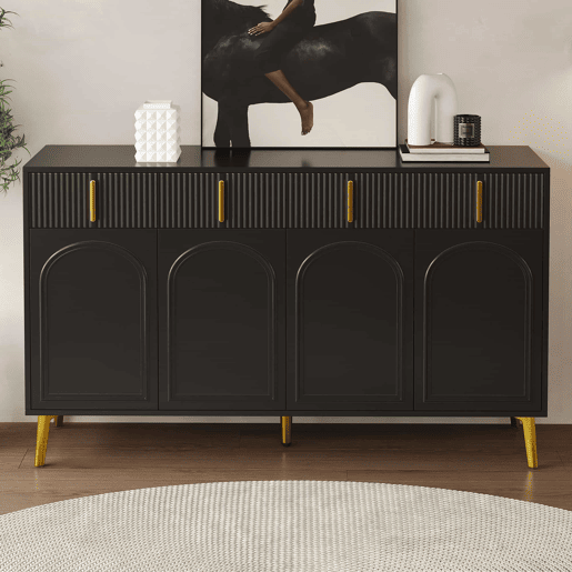 Aparador moderno - 2 portas de vidro com 4 gavetas e prateleiras reguláveis - Preto