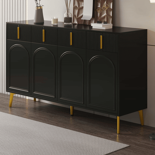 Aparador moderno - 2 portas de vidro com 4 gavetas e prateleiras reguláveis - Preto