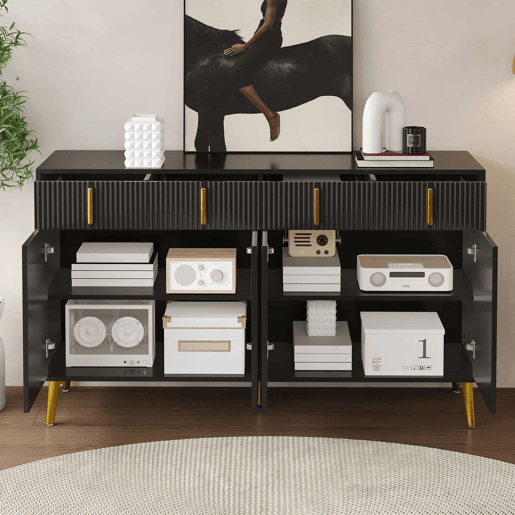 Aparador moderno - 2 portas de vidro com 4 gavetas e prateleiras reguláveis - Preto