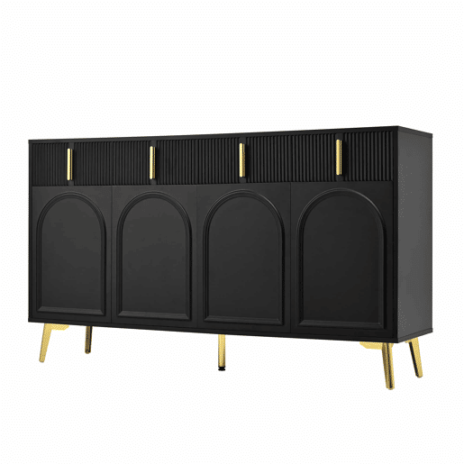 Aparador moderno - 2 portas de vidro com 4 gavetas e prateleiras reguláveis - Preto