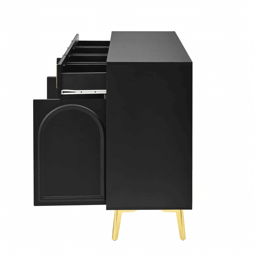 Aparador moderno - 2 portas de vidro com 4 gavetas e prateleiras reguláveis - Preto