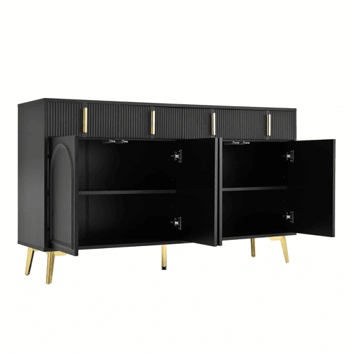 Aparador moderno - 2 portas de vidro com 4 gavetas e prateleiras reguláveis - Preto