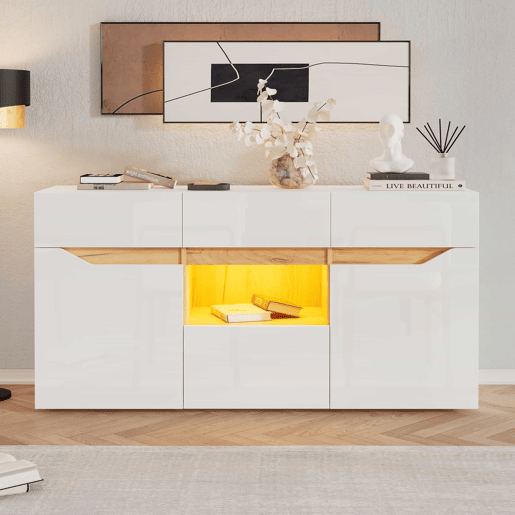 Aparador baixo com LED - 3 portas e 6 compartimentos - Natural e Preto