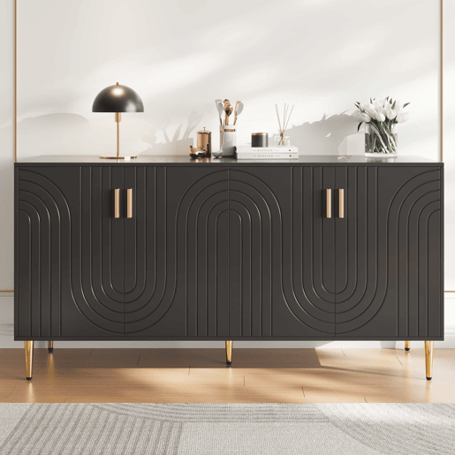 Aparador moderno - 4 portas com padrão ondulado - em MDF - Preto