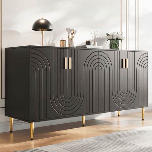 Aparador moderno - 4 portas com padrão ondulado - em MDF - Preto
