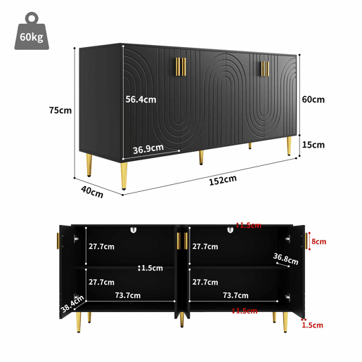 Aparador moderno - 4 portas com padrão ondulado - em MDF - Preto
