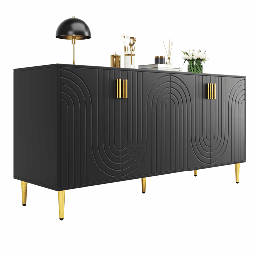 Aparador moderno - 4 portas com padrão ondulado - em MDF - Preto
