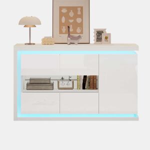 Móvel de sala 140x40x84 cm - Cômoda moderna com 4 compartimentos, iluminação LED, portas de vidro temperado - Branco