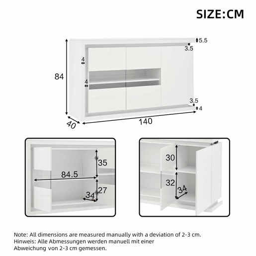 Móvel de sala 140x40x84 cm - Cômoda moderna com 4 compartimentos, iluminação LED, portas de vidro temperado - Branco