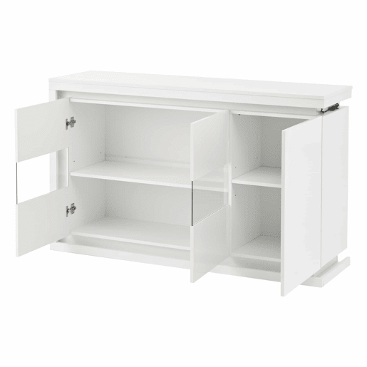 Móvel de sala 140x40x84 cm - Cômoda moderna com 4 compartimentos, iluminação LED, portas de vidro temperado - Branco