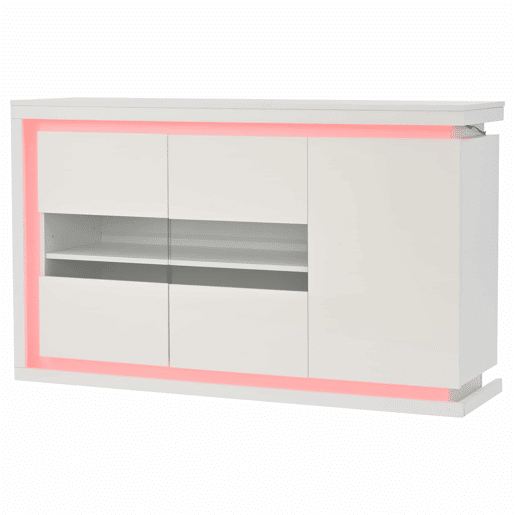 Móvel de sala 140x40x84 cm - Cômoda moderna com 4 compartimentos, iluminação LED, portas de vidro temperado - Branco