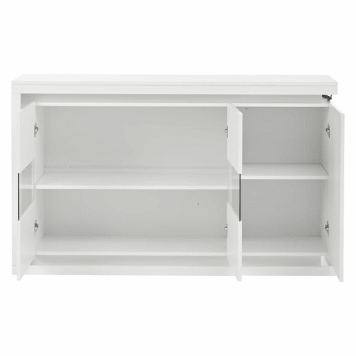 Móvel de sala 140x40x84 cm - Cômoda moderna com 4 compartimentos, iluminação LED, portas de vidro temperado - Branco