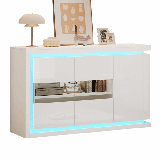 Móvel de sala 140x40x84 cm - Cômoda moderna com 4 compartimentos, iluminação LED, portas de vidro temperado - Branco