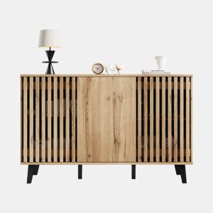 Móvel auxiliar 150x40x95cm - Aparador com 3 portas, 6 compartimentos, ideal para sala, quarto e escritório - Madeira natural