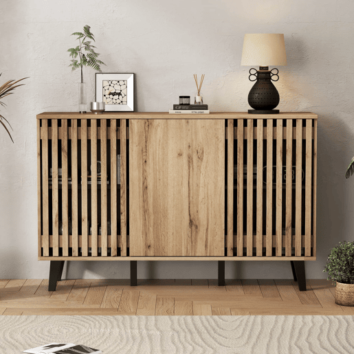 Móvel auxiliar 150x40x95cm - Aparador com 3 portas, 6 compartimentos, ideal para sala, quarto e escritório - Madeira natural