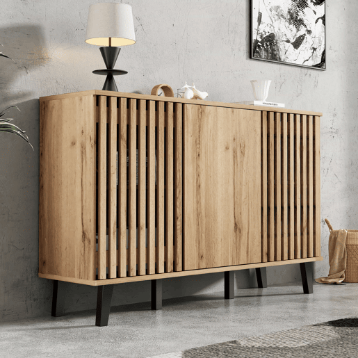 Móvel auxiliar 150x40x95cm - Aparador com 3 portas, 6 compartimentos, ideal para sala, quarto e escritório - Madeira natural