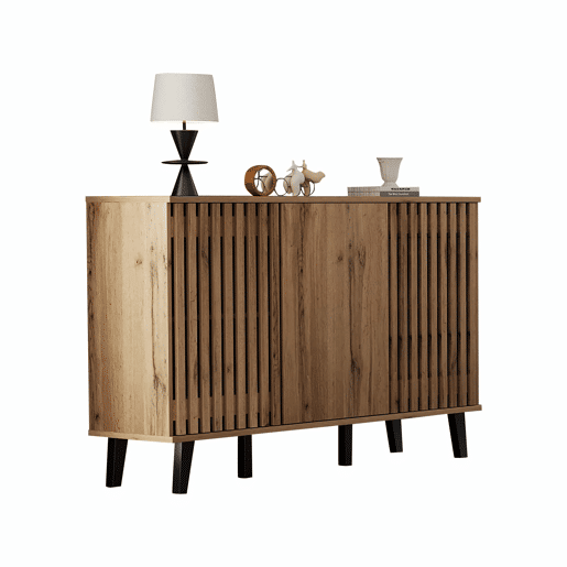 Móvel auxiliar 150x40x95cm - Aparador com 3 portas, 6 compartimentos, ideal para sala, quarto e escritório - Madeira natural