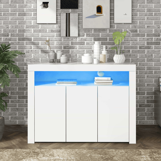 Aparador LED com 3 portas - Vitrina moderna com comando remoto - Branco